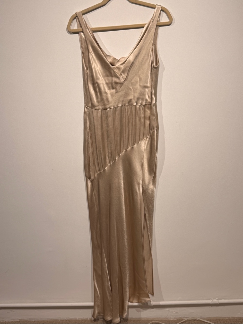 bec + bridge Champagne Satin Cowl Neck Maxi Dress